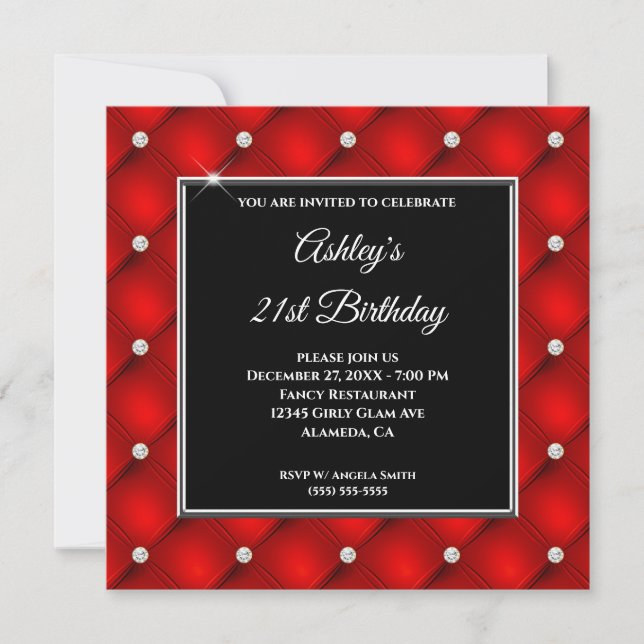 Invitation Faux Sparkly Diamond Tufted Red 21e anniversaire (Devant)