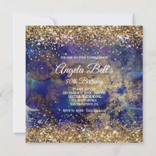 Invitation Faux Sparkly Gold Parties scintillant Indigo Marbl