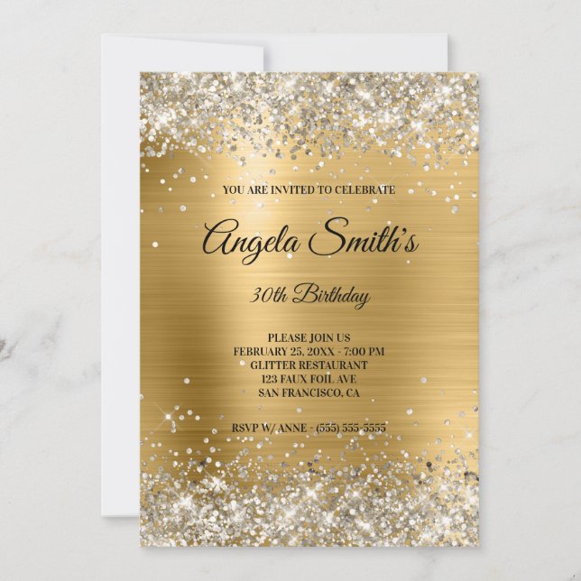 Invitation Faux Sparkly Platinum Parties scintillant or Monog (Devant)