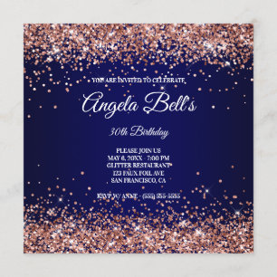Invitation Faux Sparkly Rose Parties scintillant or bleu mari