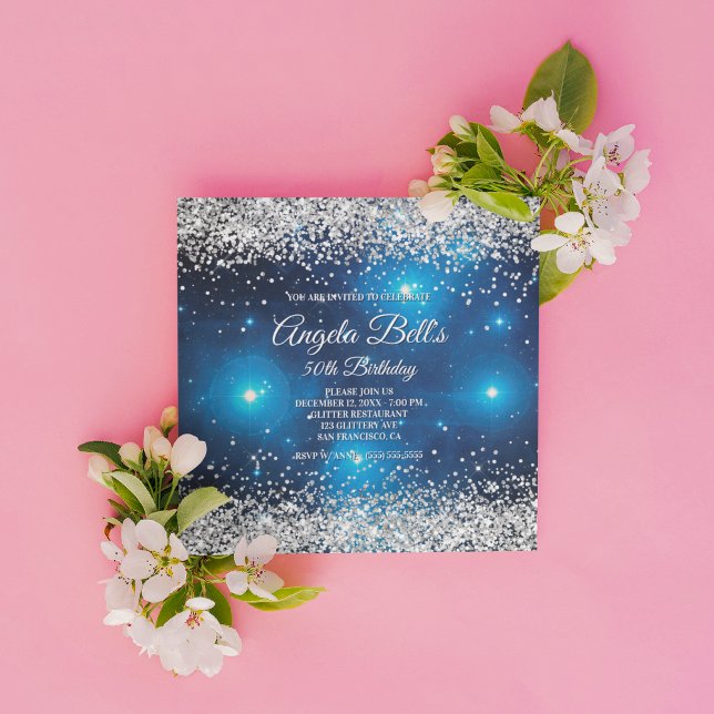 Invitation Faux Sparkly Silver Parties scintillant bleu céles (Create your own milestone birthday invitation for her.)
