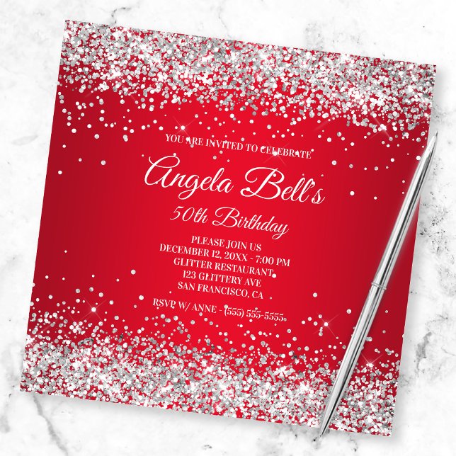 Invitation Faux Sparkly Silver Parties scintillant rouge bril (Créateur téléchargé)