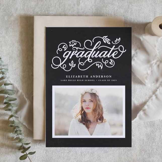 Invitation Faux Tableau Noir Écriture Rustique Photo Remise d (Customizable photo graduation invitation featuring rustic calligraphy on faux chalkboard background.)