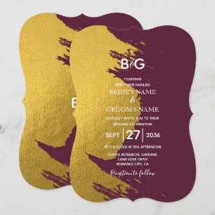 Invitation Faux Traits de Pinceau Dorés & Bordeaux avec Monog