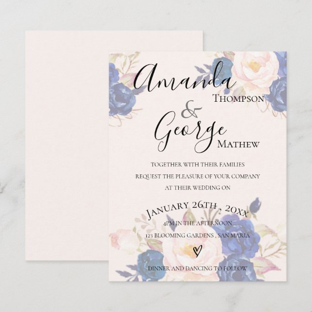 Invitation Faux Vellum Effet Bleu Blush rose Mariage floral (Devant / Derrière)