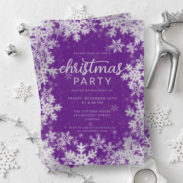 Invitation Faux violet Foil Foyers de neige fête de Noël (Purple Faux Foil Snowflakes Christmas Party Invitation)