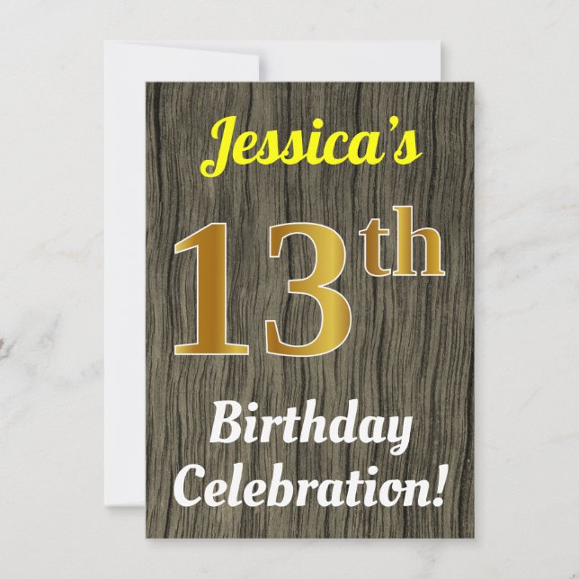 Invitation Faux Wood, Faux Gold 13e anniversaire (Devant)