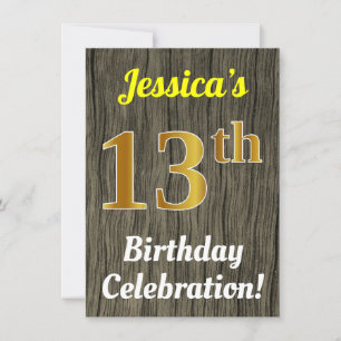 Invitation Faux Wood, Faux Gold 13e anniversaire