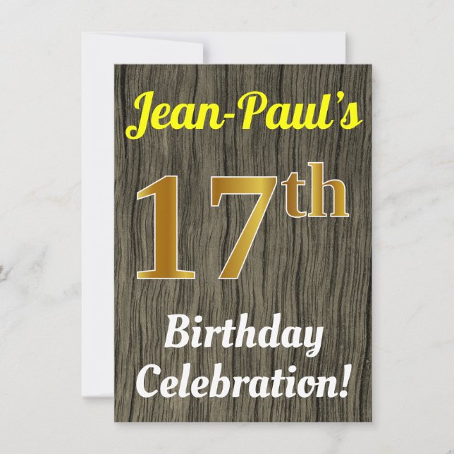 Invitation Faux Wood, Faux Gold 17e anniversaire (Devant)
