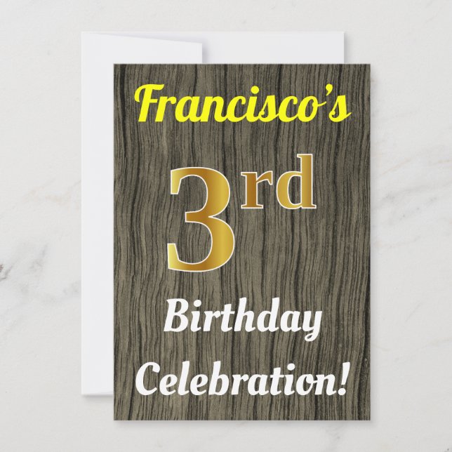 Invitation Faux Wood, Faux Gold 3e anniversaire (Devant)