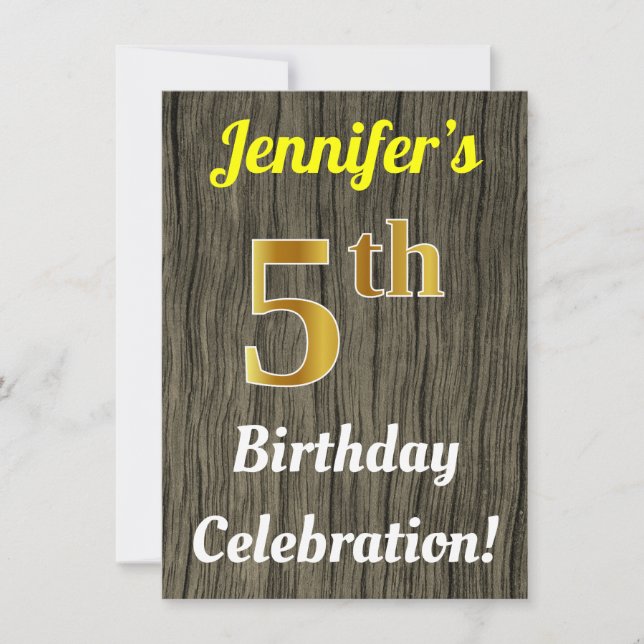 Invitation Faux Wood, Faux Gold 5e anniversaire (Devant)