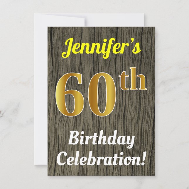 Invitation Faux Wood, Faux Gold 60e anniversaire (Devant)