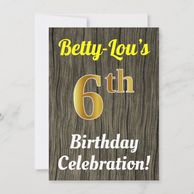 Invitation Faux Wood, Faux Gold 6e anniversaire (Devant)