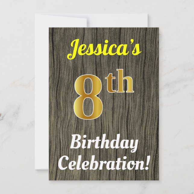 Invitation Faux Wood, Faux Gold 8e anniversaire (Devant)