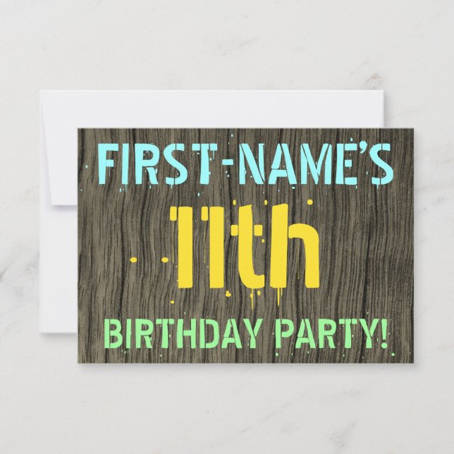 Invitation Faux Wood, Peint Texte Look, 11ème Anniversaire +  (Devant)