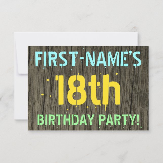 Invitation Faux Wood, Peint Texte Look, 18e anniversaire + No (Devant)
