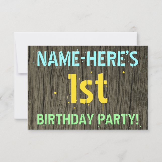 Invitation Faux Wood, Peint Texte Look, 1er Anniversaire + No (Devant)