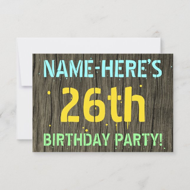 Invitation Faux Wood, Peint Texte Look, 26e anniversaire + No (Devant)