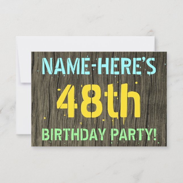 Invitation Faux Wood, Peint Texte Look, 48e anniversaire + No (Devant)