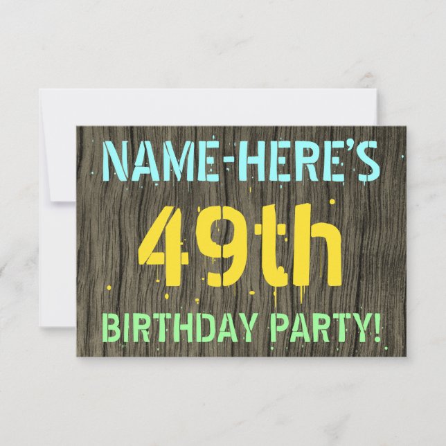 Invitation Faux Wood, Peint Texte Look, 49e anniversaire + No (Devant)