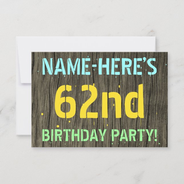 Invitation Faux Wood, Peint Texte Look, 62e anniversaire + No (Devant)