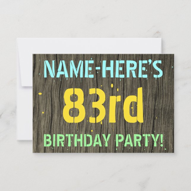 Invitation Faux Wood, Peint Texte Look, 83ème anniversaire +  (Devant)