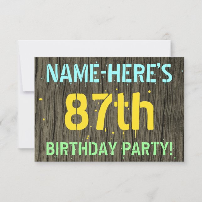 Invitation Faux Wood, Peint Texte Look, 87e anniversaire + No (Devant)