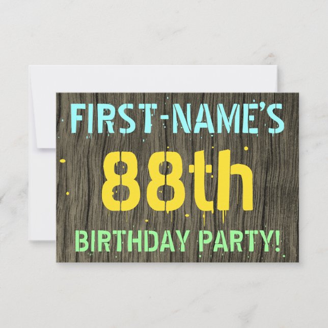 Invitation Faux Wood, Peint Texte Look, 88e anniversaire + No (Devant)