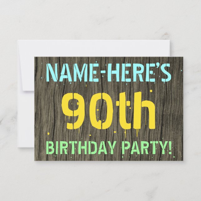 Invitation Faux Wood, Peint Texte Look, 90e anniversaire + No (Devant)