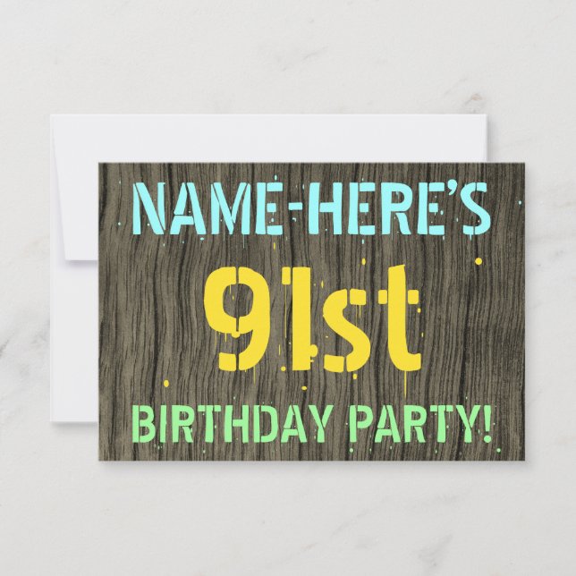 Invitation Faux Wood, Peint Texte Look, 91e anniversaire + No (Devant)
