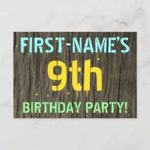 Invitation Faux Wood, Peint Texte Look, 9e anniversaire + nom
