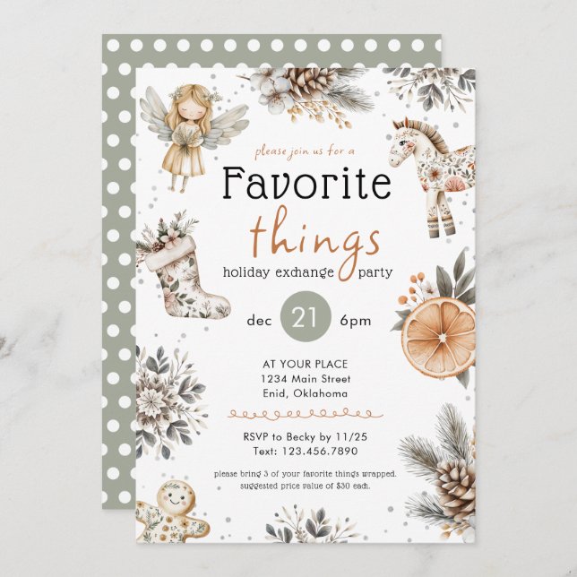 Invitation Favorite Things Boho Gift Exchange Holiday Party (Devant / Derrière)