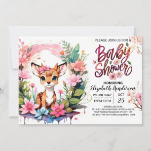 Invitation Fawn Aventure Baby shower fille rose