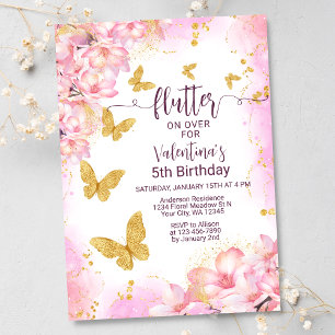 Invitation Fbattement Gold Butterfly Pink Flowers Filles Anni