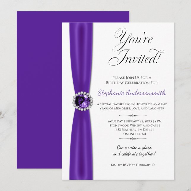 Invitation February Birthday Celebration - Purple Amethyst | (Devant / Derrière)