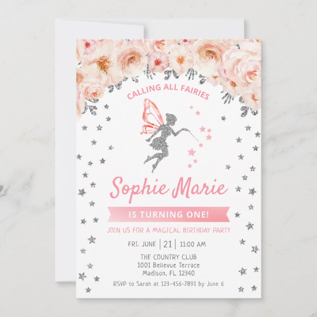 Invitation Fée 1er anniversaire - Argent rose (Devant)