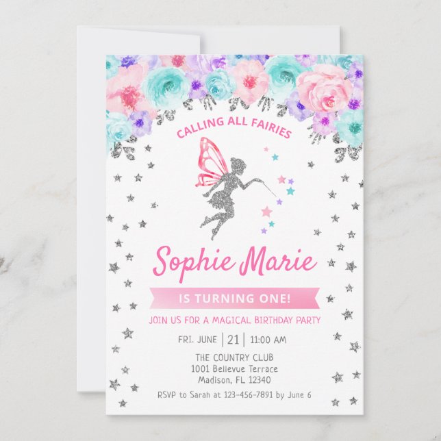 Invitation Fée 1er anniversaire - Argent Turquoise violet ros (Devant)