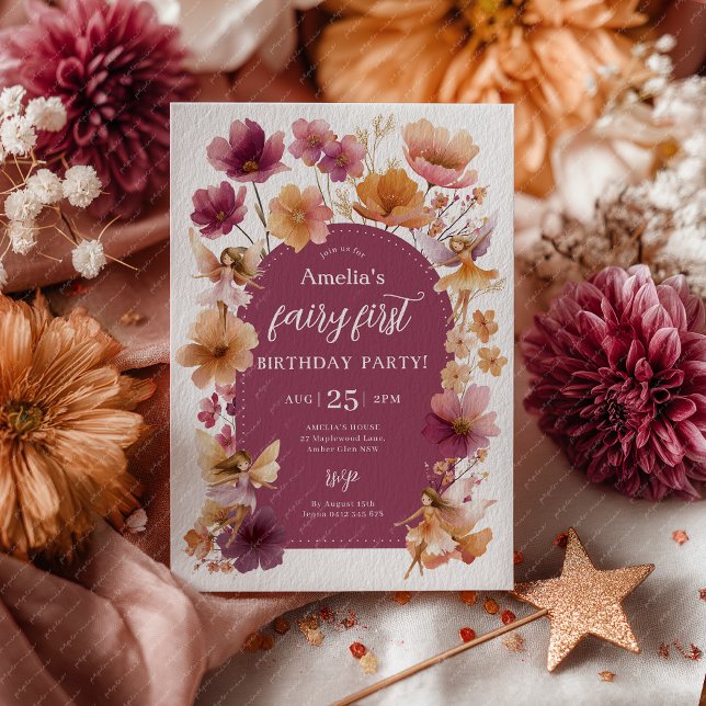 Invitation Fée 1er Anniversaire Fée Automne Bourgogne Orange (Fairy First Invitation in fall colors Burgundy and Orange)