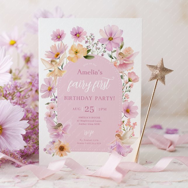 Invitation Fée 1er Anniversaire Fée Fête Rose Fille Peche (Fairy First Birthday Invitation Pink)