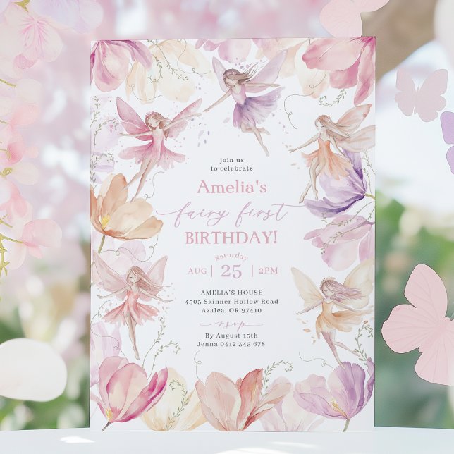 Invitation Fée 1er Anniversaire Fée Fête Rose Pêche Violet (Fairy First Birthday Party in pink, peach and purple. )