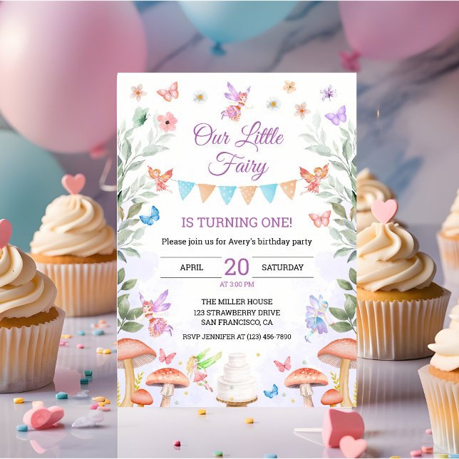 Invitation Fée 1er anniversaire Fête de la Forêt Enchantée Fi (fairy 1st baby birthday party invitation)