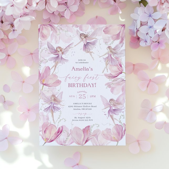Invitation Fée 1er Anniversaire Filles Fête Fée Rose Violet  (Pink and Purple Fairy First Birthday Invitation)