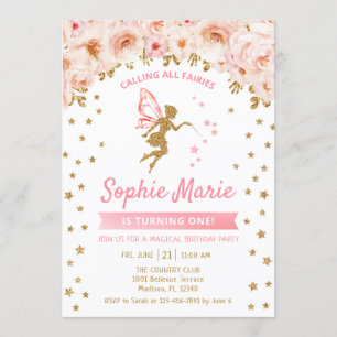 Invitation Fée 1er anniversaire - Gold Pink