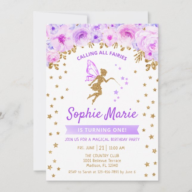 Invitation Fée 1er anniversaire - Gold Purple (Devant)