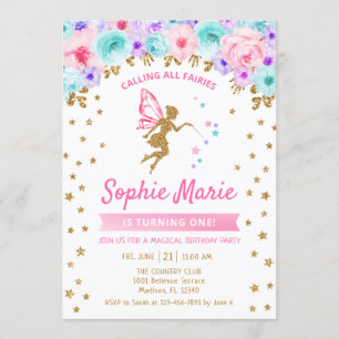 Invitation Fée 1er Anniversaire - Gold Turquoise violet rose