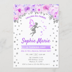 Invitation Fée 1er anniversaire - Silver Purple