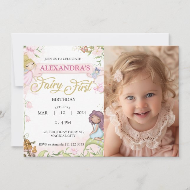 Invitation Fée 1er premier anniversaire Girl Photo Forest (Devant)