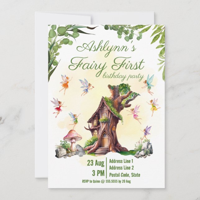 Invitation Fée 1ère Pixie et fête d'anniversaire dans le jard (Devant)