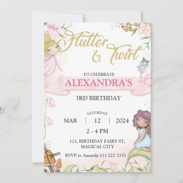 Invitation Fée 3ème 4ème 5ème 7ème Anniversaire Champignons (Devant)