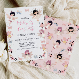 Invitation Fée à papillon floral moderne Premier anniversaire